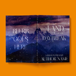 A celestial fantasy-themed book cover with a breathtaking mountain range under a starry, purple sky. The title, "A Land of the Daybreak," is written in an elegant, flowing font. The back cover has placeholder text for a book blurb.