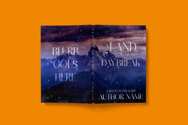 A celestial fantasy-themed book cover with a breathtaking mountain range under a starry, purple sky. The title, "A Land of the Daybreak," is written in an elegant, flowing font. The back cover has placeholder text for a book blurb.