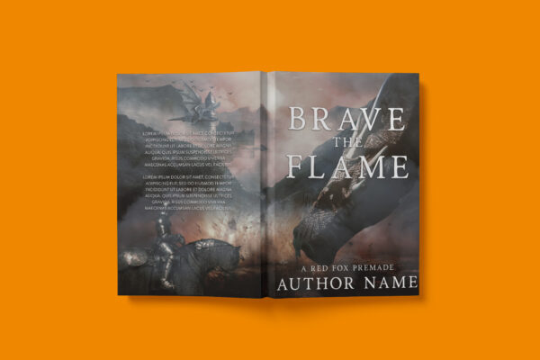 A high-fantasy book cover featuring an armored knight on horseback facing a looming dragon, set against a dramatic cloudy sky with a castle in the distance. The title, "Brave the Flame," is displayed in bold metallic text, enhancing the epic feel of the design.