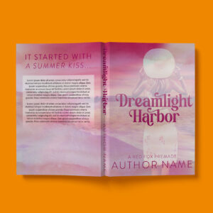 A dreamy, pastel-colored romance book cover featuring a woman in a flowing dress and sun hat gazing at a sunset over the ocean. The title, "Dreamlight Harbor," is written in a whimsical, pink script. The back cover has space for a book blurb with placeholder text.