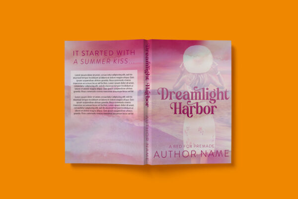 A dreamy, pastel-colored romance book cover featuring a woman in a flowing dress and sun hat gazing at a sunset over the ocean. The title, "Dreamlight Harbor," is written in a whimsical, pink script. The back cover has space for a book blurb with placeholder text.