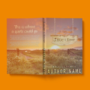 A warm and inviting romance book cover featuring a rustic countryside landscape with a wooden fence and a sunset-lit field of flowers. The title, "Love on the Range," is displayed on a weathered wooden sign, adding to the cozy, country feel.