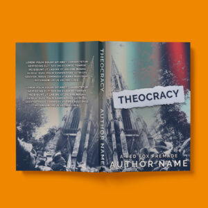 A dramatic book cover featuring a gothic cathedral with a distressed, torn-paper effect on the title "Theocracy." The imagery suggests themes of power, religion, and rebellion.