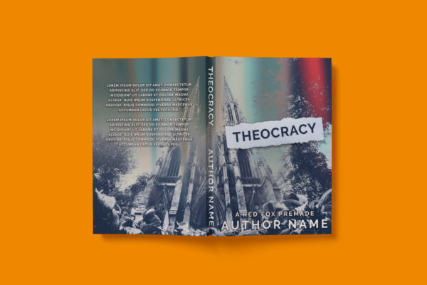 A dramatic book cover featuring a gothic cathedral with a distressed, torn-paper effect on the title "Theocracy." The imagery suggests themes of power, religion, and rebellion.