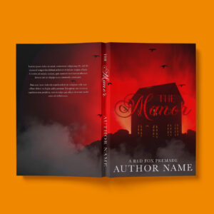 A haunting book cover featuring a dark red sky, a silhouette of a mysterious manor, and birds flying in the distance. The typography has an elegant, gothic feel, perfect for a horror or thriller novel.